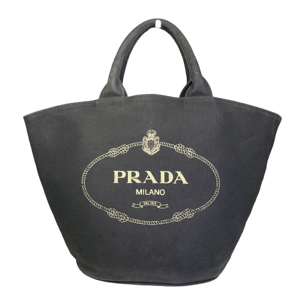 Prada Canapa Canvas Tote Bag Black Logo Shopping Handbag Large